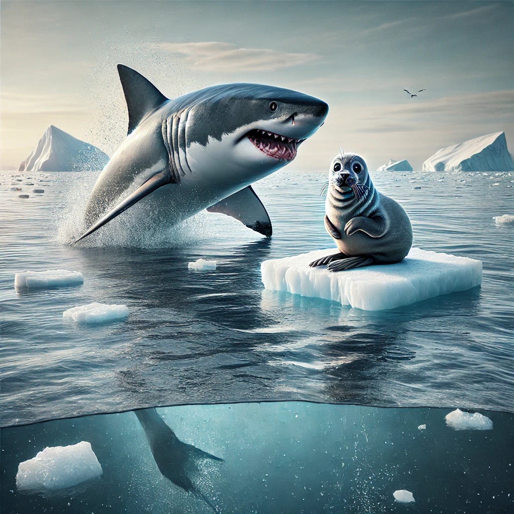 a great white shark suprising and attacking a seal