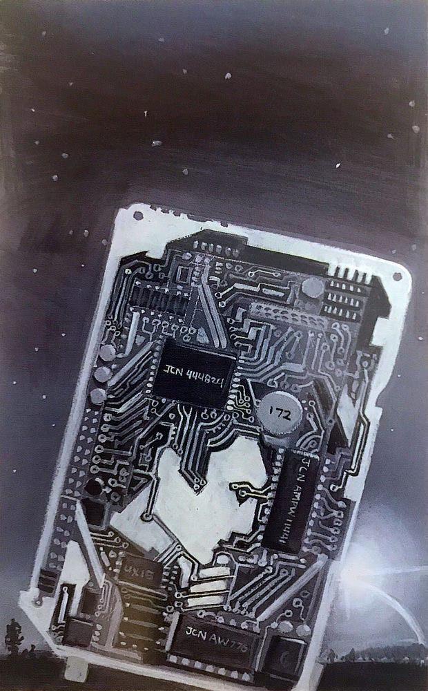 Preliminary concept for THE ROBOTS OF DAWN featuring the bottom side of an old hard drive tilted at an angle against the night sky. Among the integrated circuits is the silhouette of a ponderous man's face with hand stroking chin. On the block fields of the chips are a series of codes: JCN 444824, JCN AW776, JCN AMPW 11441. AMPW is a hidden reference to the artist's daughter by her initials.