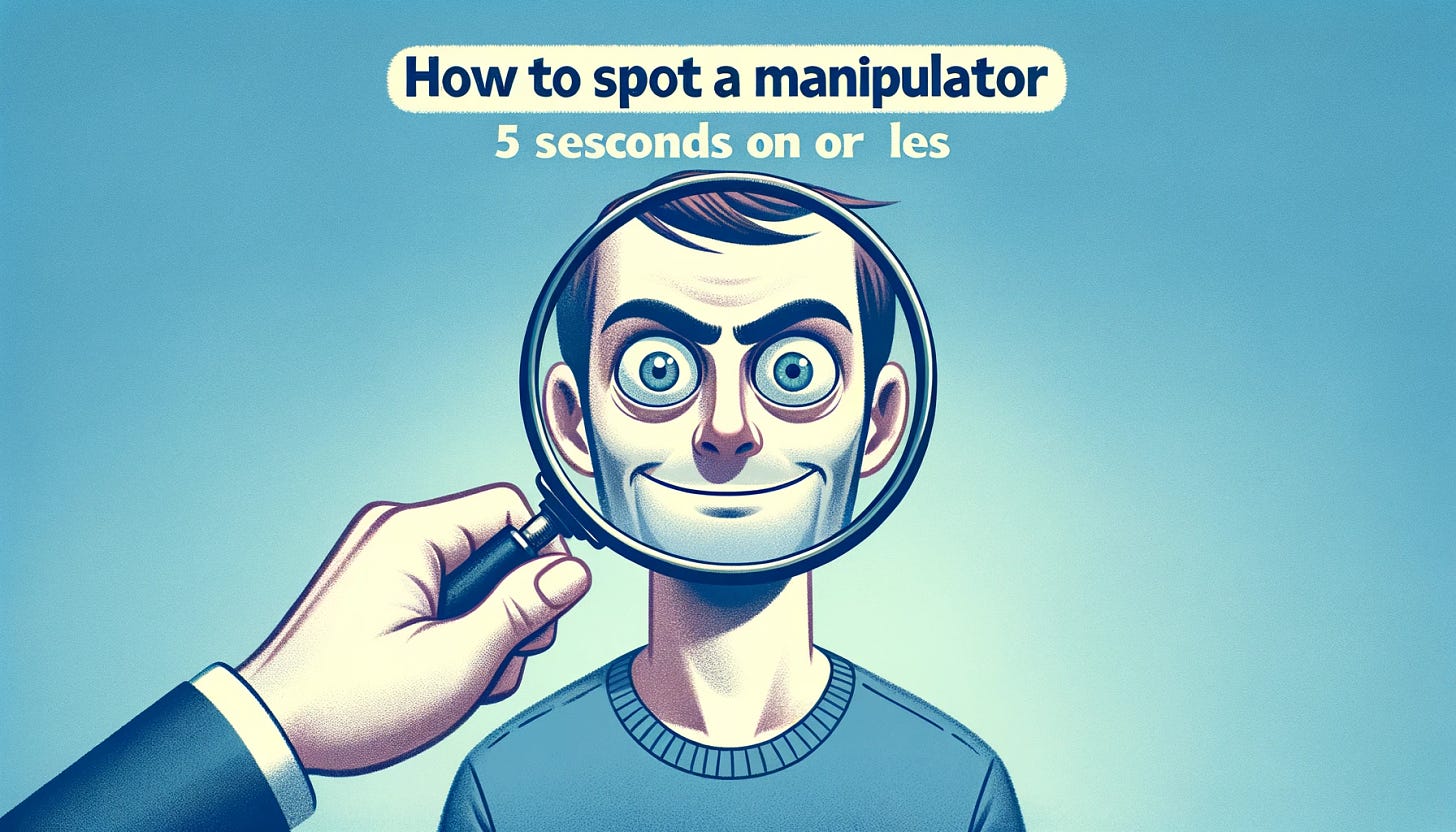 Photo of a magnifying glass hovering over a cartoonish figure with shifty eyes, symbolizing scrutiny. The background is a soft blue, with the title 'How to Spot a Manipulator in 5 Seconds or Less' in bold white letters at the top.