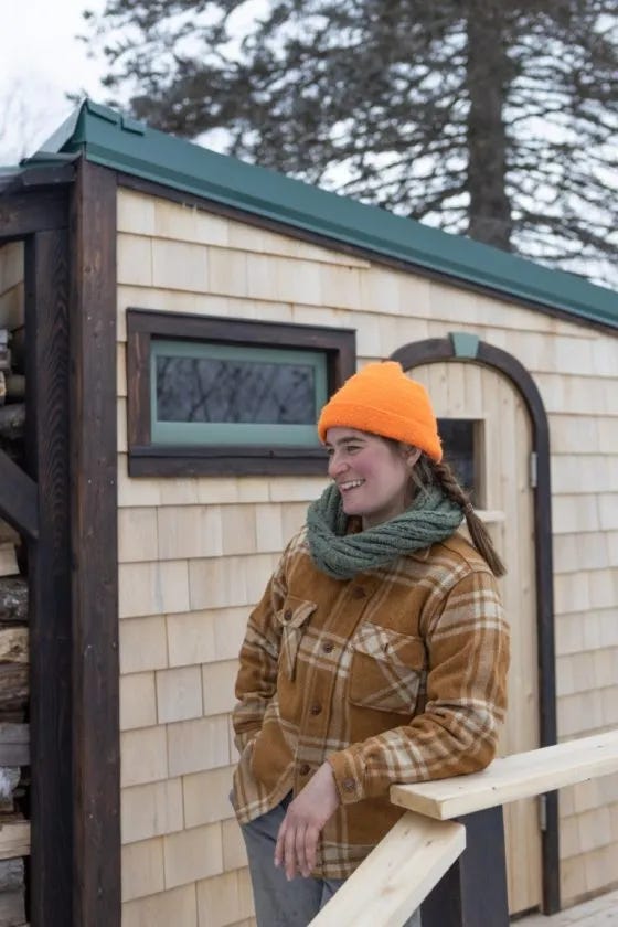 Jackie in front of Cedar Grove's first sauna