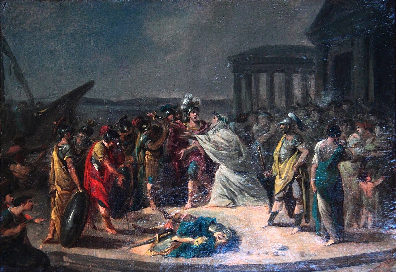 A photograph of an oil painting showing the return of Idomeneus to Crete