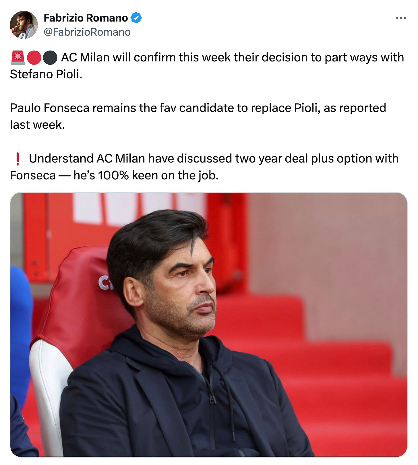 A tweet by Fabrizio Romano about Paulo Fonseca being the favourite to replace Stefano Pioli at AC Milan