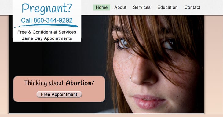 Picture of a woman with long bangs and a nose ring. Text says "Thinking about abortion? Free appointment"