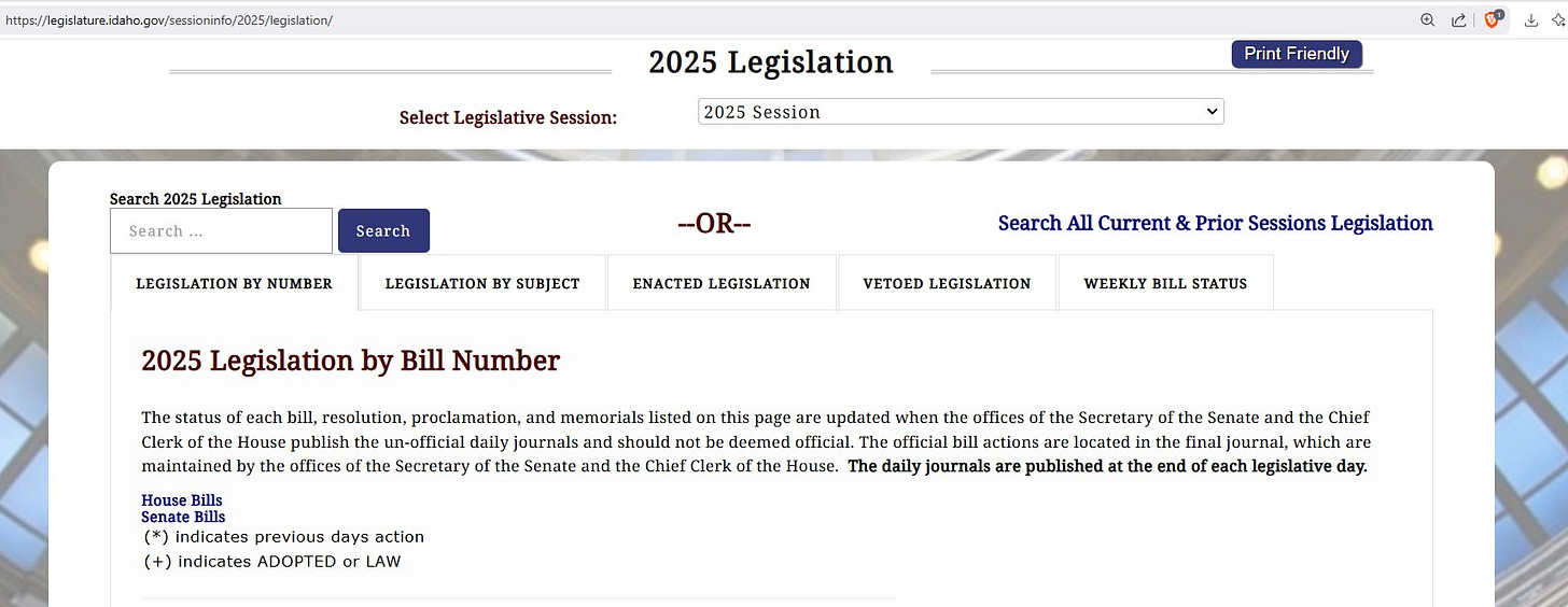 Click image to view all Idaho 2025 Legislation by Number, Subject, Enacted Legislation, Vetoed Legislation, and Weekly Bill Status. You also can type text into Search box. Click image to view all Idaho 2025 Legislation by Number, Subject, Enacted Legislation, Vetoed Legislation, and Weekly Bill Status. You also can type text into Search box.