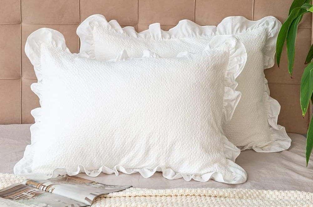 Two decorative pillows with frilly shams