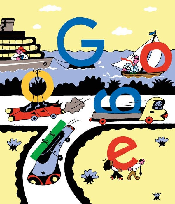 An illustration of a road running alongside a waterfront, with boats, cars and people carrying the individual letters of Google.