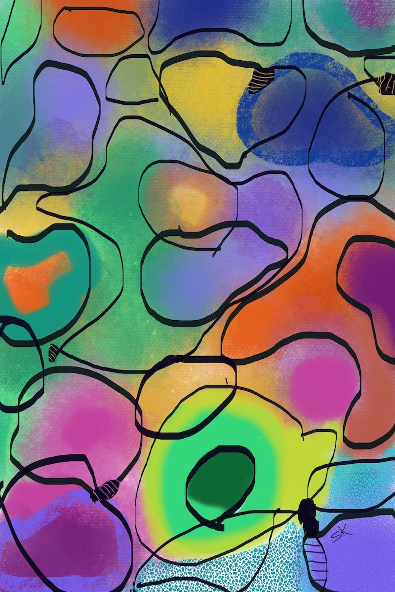 Bright multicolored balloon shapes illustration by Sherry Killam Arts