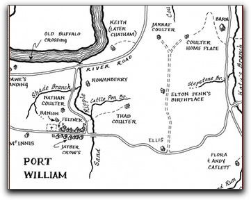 Black and white map of Port Williams with character names from Wendell Berry novels
