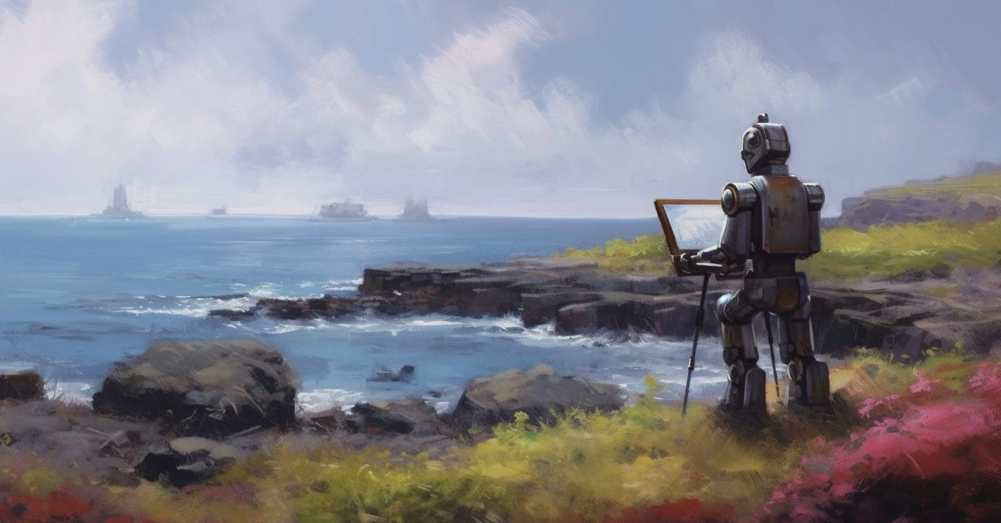 a robot painting a landscape painting of an Ansel Adams photograph, illustration, --ar 16:9 --s 250