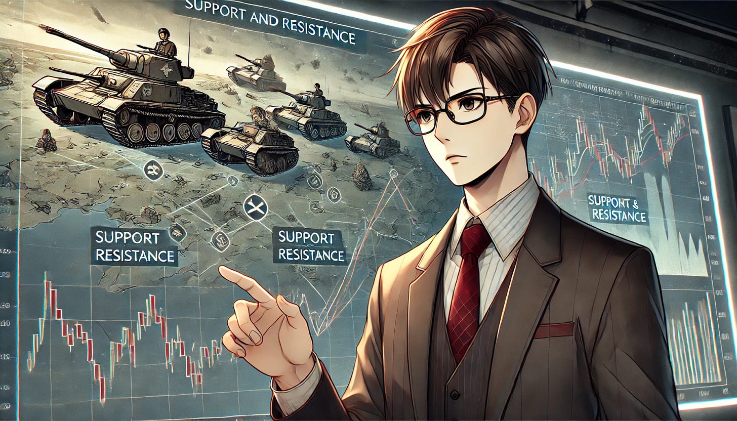A mature anime-style scene featuring the 33-year-old Asian male character with short, neat hair and glasses, teaching support and resistance with a war theme. The character appears serious and focused, dressed in a formal business suit. He is standing in front of a large digital screen showing a financial chart with support and resistance lines, depicted like a battlefield map, with aggressive movements and markers resembling military strategies. The background has a dramatic, intense atmosphere, combining a war-themed setting with stock market elements, creating a sense of high stakes and strategic analysis.