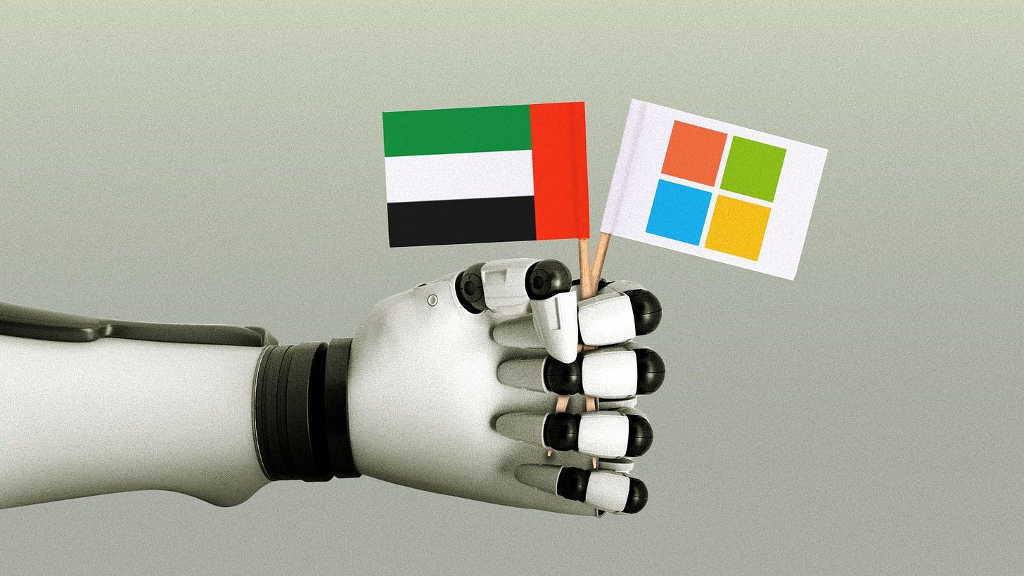 Illustration of a robot hand holding a UAE flag and a flag with the Microsoft logo.