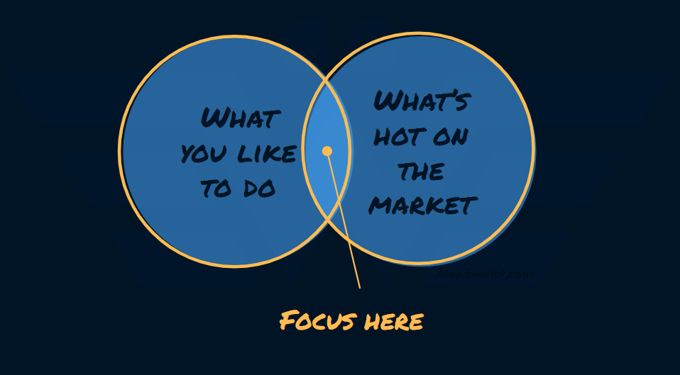 Focus on the intersection between what you like to do and what's hot on the market