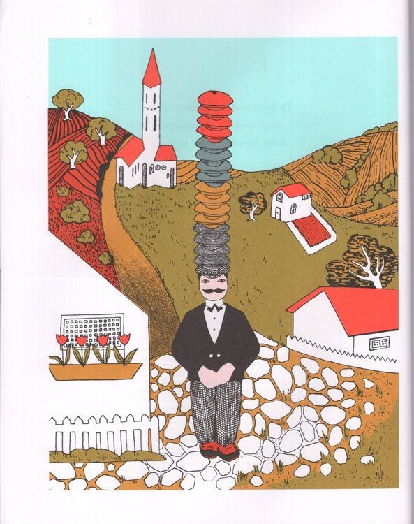 Image from the children's book Caps for Sale: A Tale of a Peddler, Some Monkeys and Their Monkey Business. The image is of the peddler in a village with more than 10 multi-colored hats balanced on his head.