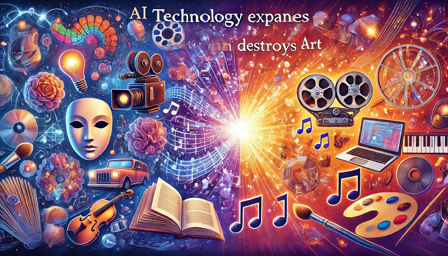 A vibrant banner for a blog about AI writing and the relationship between technology and art, highlighting how technology expands art rather than destroys it. The banner should feature various artistic mediums like painting, theater, and music evolving through time with technology—showing a camera next to a paintbrush, a film reel beside a theater mask, and streaming music notes beside concert lights. In the center, AI writing and digital text are represented as expanding, glowing words. A warm and dynamic color palette of oranges, purples, and blues gives a sense of creativity and innovation.