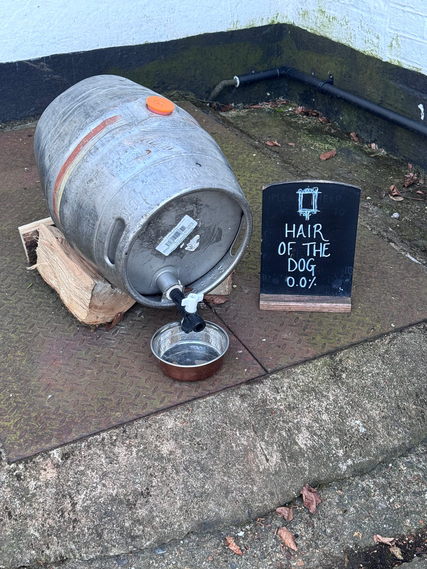 A keg with a water spout is tipped over so that the dog bowl under it can be filled up. A small sign next to the keg reads "Hair of the dog 0.0%"
