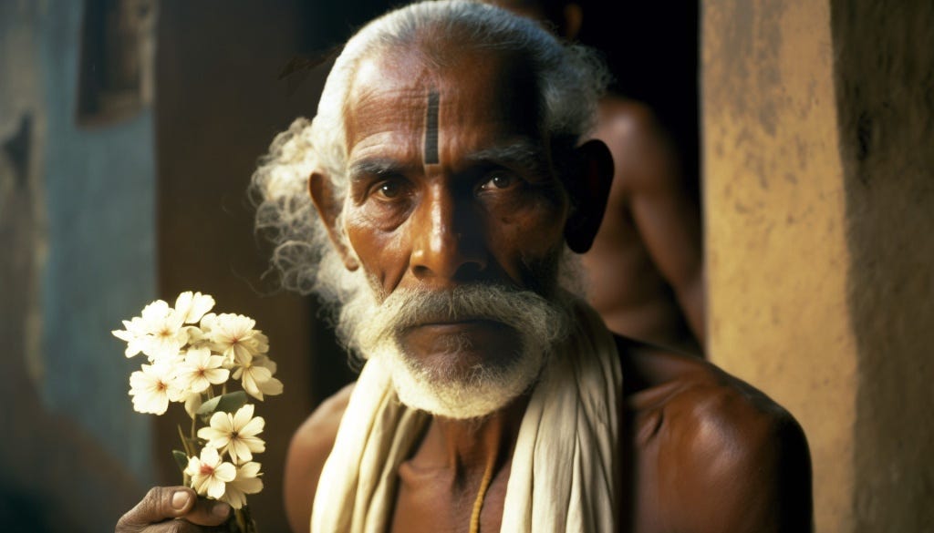 “Guru Cashtalks-ji,” another collaboration between author and Midjourney. An old, shirtless, imaginary Indian guru holds white flowers in front of an open door.