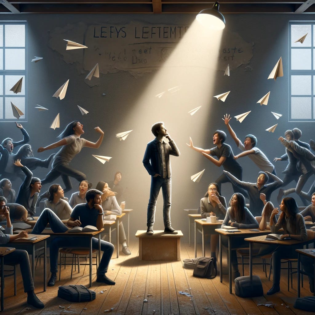 Create a scene set in a classroom or campus environment showing a group of students engaging in immature behavior, such as throwing paper airplanes, laughing loudly, and not paying attention to their studies, scattered around the room. In the center of this scene, place a single person standing under a spotlight, symbolizing deep introspection and self-reflection. This person is distinguished from the group by their posture of thoughtfulness and focus, possibly with a hand on their chin or looking upwards, as if contemplating their future or the seriousness of their studies. The contrast between the chaotic environment and the solitary figure's calmness and maturity should be stark, emphasizing the individual's realization of the need for personal growth amidst the distractions of student life.