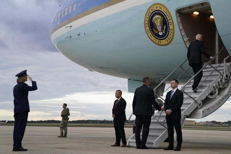 President Joe Biden boards Air Force One for a trip to Israel, October 2023