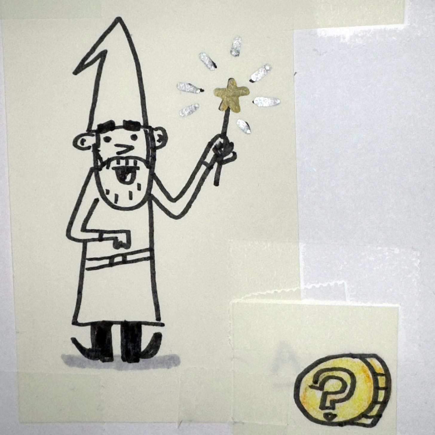 a marker sketch of a cartoon wizard and a gold coin