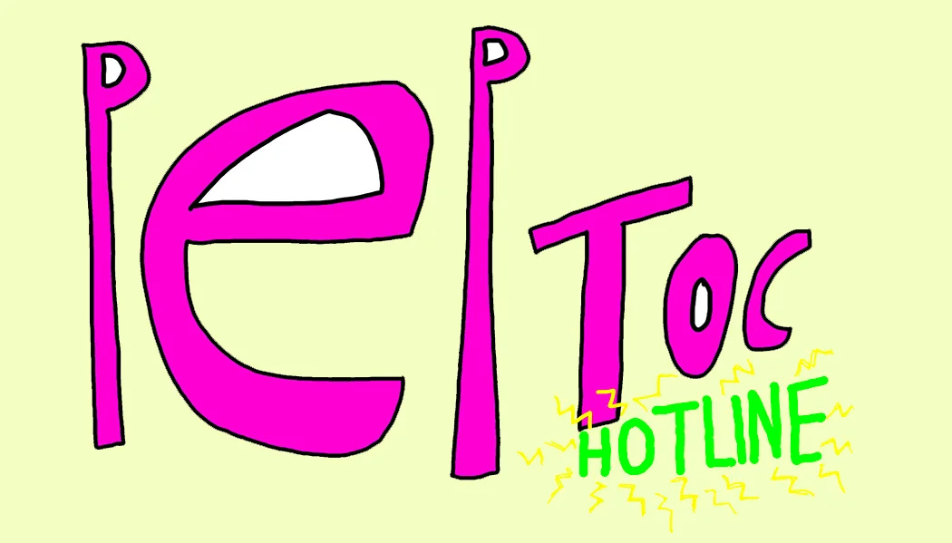 The logo for Peptoc Hotline designed by the kids in bright pink and green exaggerated lettering on a pale yellow background