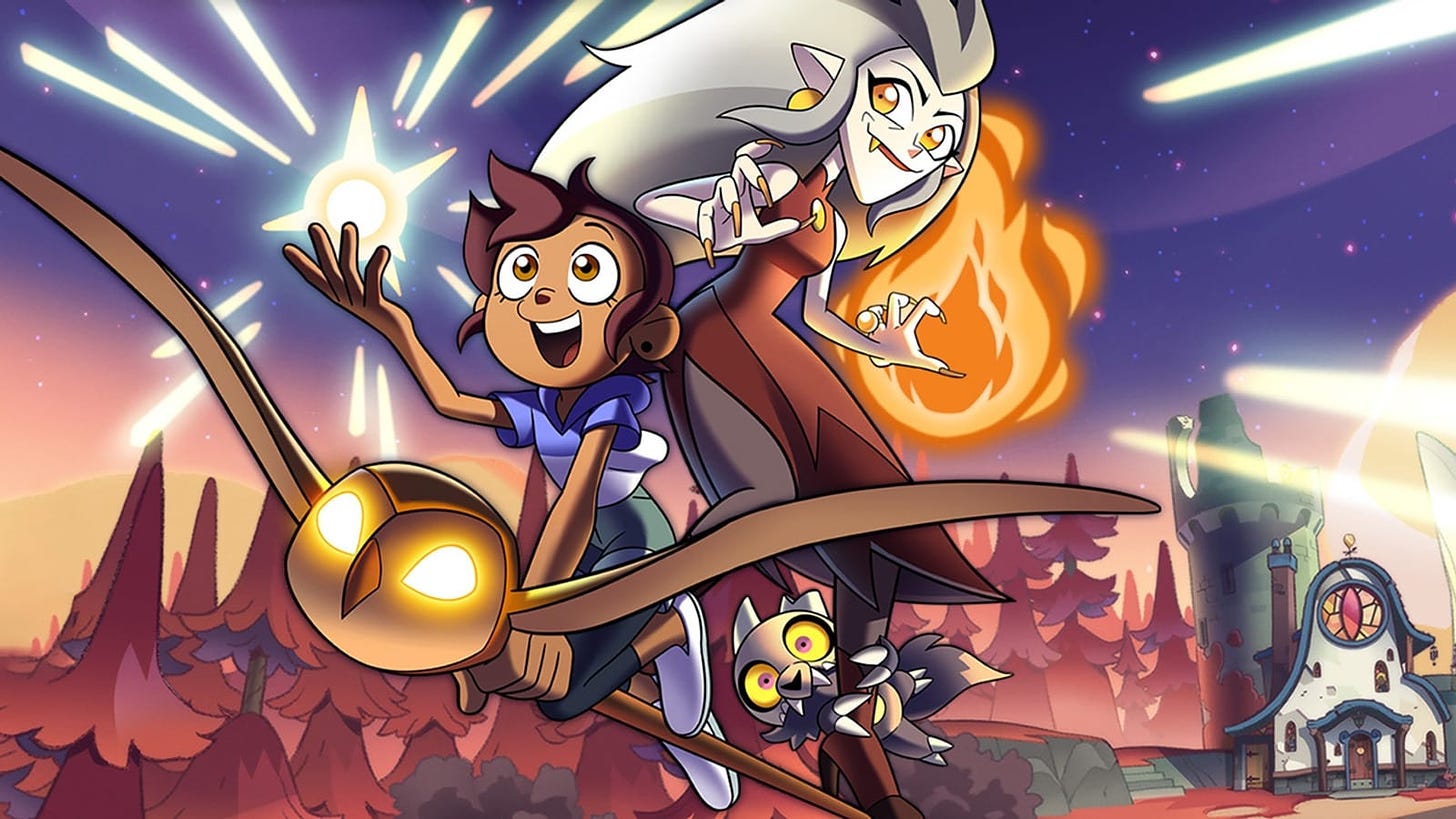 Cropped version of the show's poster, showing Luz, a human teenager, Eda, an adult witch, and King, a tiny demon, riding Eda's staff. Luz and Eda are casting spells. 