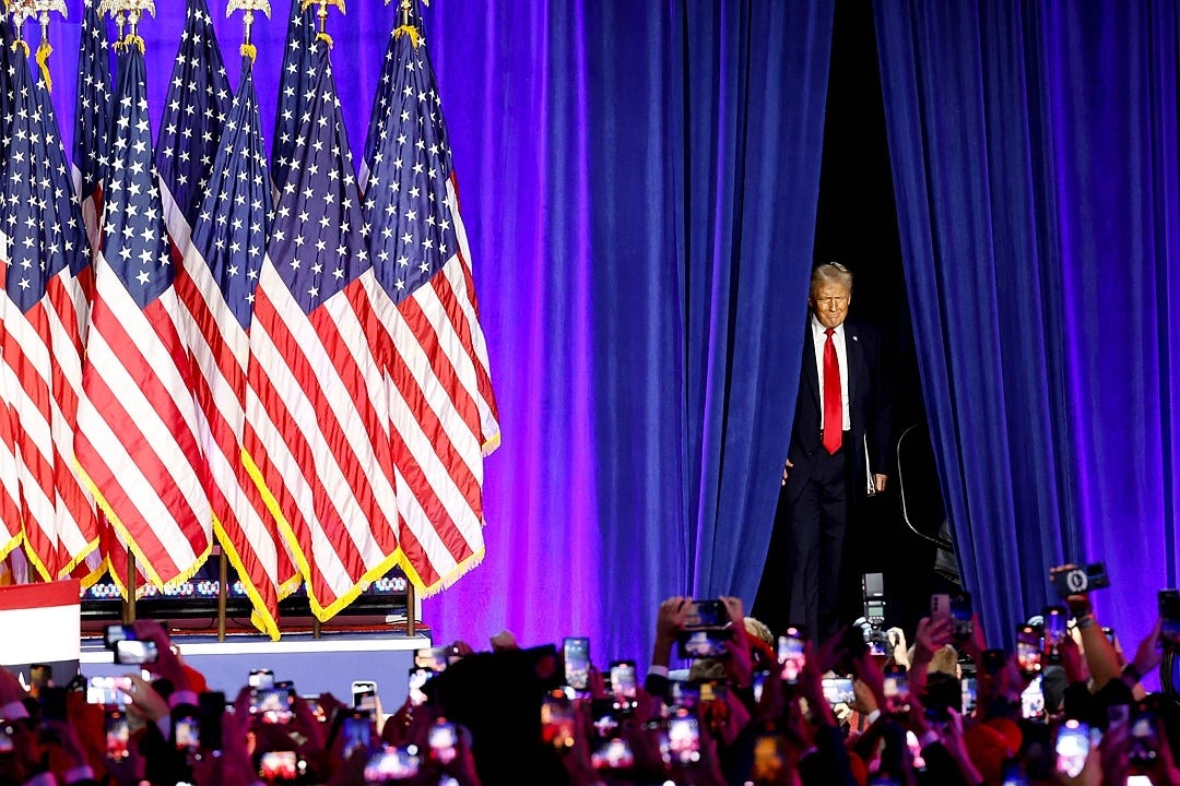 U.S. President-elect Donald Trump arrives at an election night event at the Palm Beach Convention Center in West Palm Beach, Florida on Nov. 6, 2024. Photo: Bloomberg