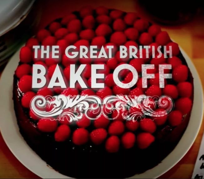 Image of the famous raspberry-covered chocolate cake from the opening titles of The Great British Bake Off