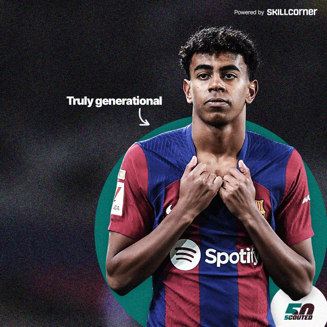 A photo of Lamine Yamal dragging down the crew neck of his Barcelona shirt. Behind him is a dark background with a green circle. A "truly generational?" annotation is pointing toward him.