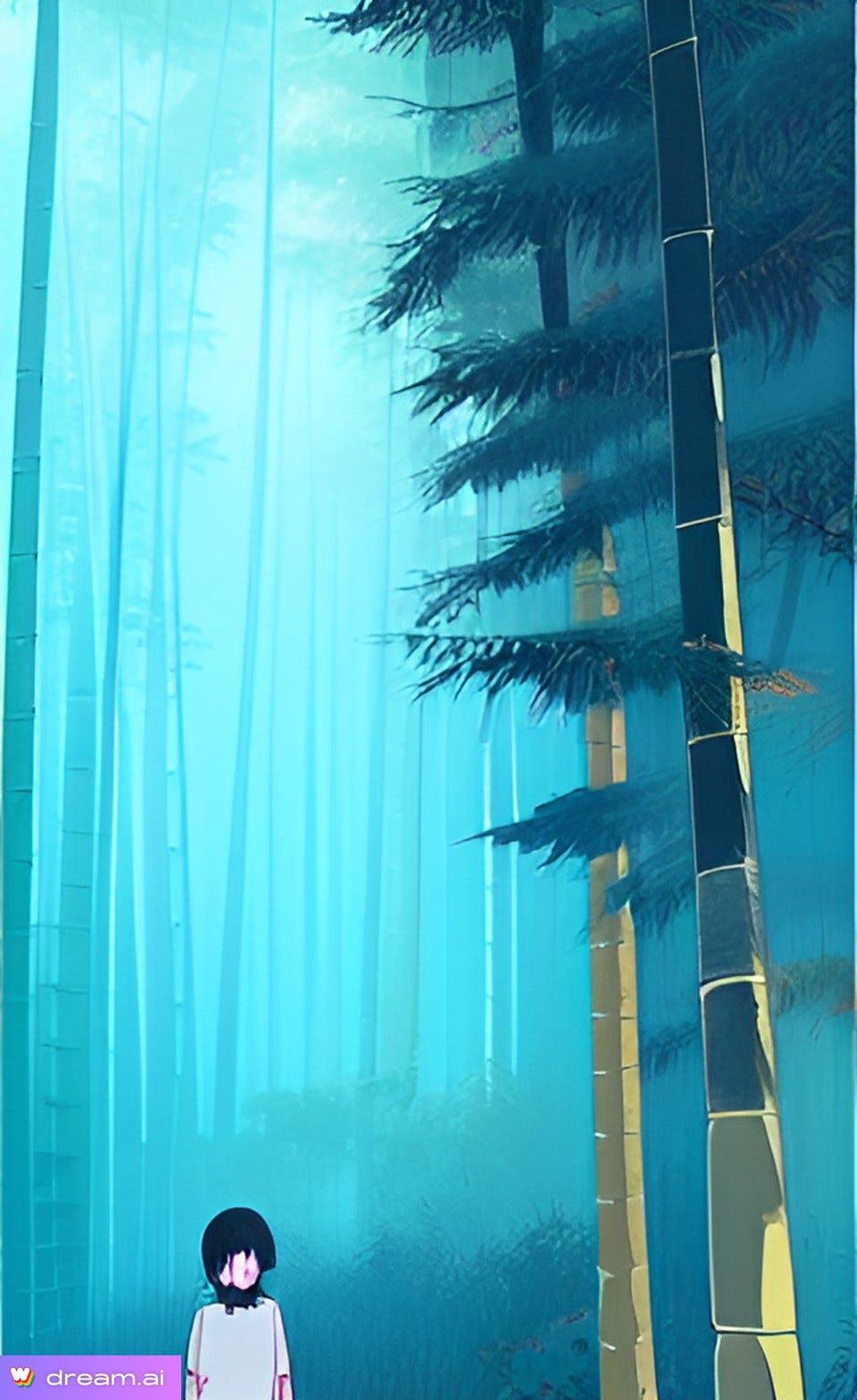 Blue-green bamboo forest with small anime character to the side