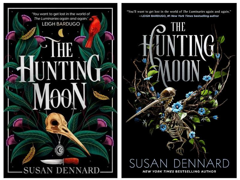 The UK and US covers for The Hunting Moon with hummingbird skeletons