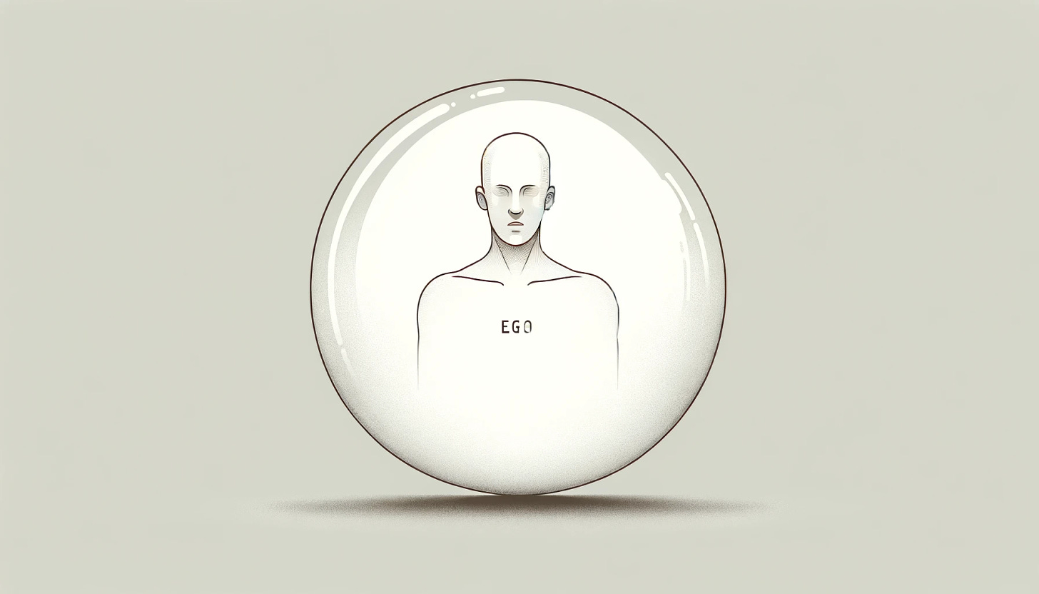 A simple, minimalist horizontal illustration representing the concept of ego. The image should feature a single, stylized human figure at the center, depicted with clean lines and a neutral expression. The figure is surrounded by an oversized, translucent bubble, symbolizing the ego. The bubble should have a soft glow, suggesting its intangible nature. The background is plain and monochrome to keep the focus on the central figure and the bubble. The overall tone of the image should be contemplative and serene, using a soft color palette.