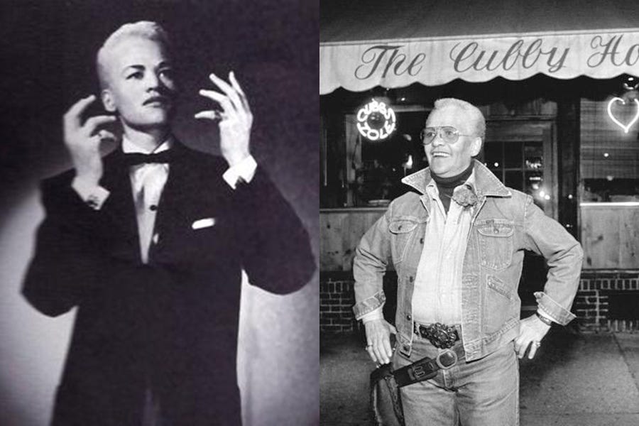 Two black-and-white, historical photos of a Black genderqueer person. The portrait on the left shows the short-blonde-haired person posing dramatically in a tuxedo. The photo on the right shows the same person later in life, standing in front of a bar wearing jeans and a jean jacket while smiling and putting their hands on their hips.
