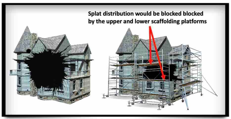 A house with scaffolding and a splatter

Description automatically generated