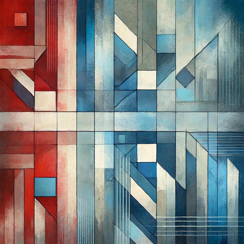 An abstract painting representing the Nordic social model. The composition features bold, geometric shapes in cool blues and warm reds, symbolizing balance between economic efficiency and social equality. The painting includes layered textures and visible brushstrokes, with intersecting lines and soft gradients to represent cooperation and structured policies. The overall aesthetic conveys harmony, productivity, and inclusivity.