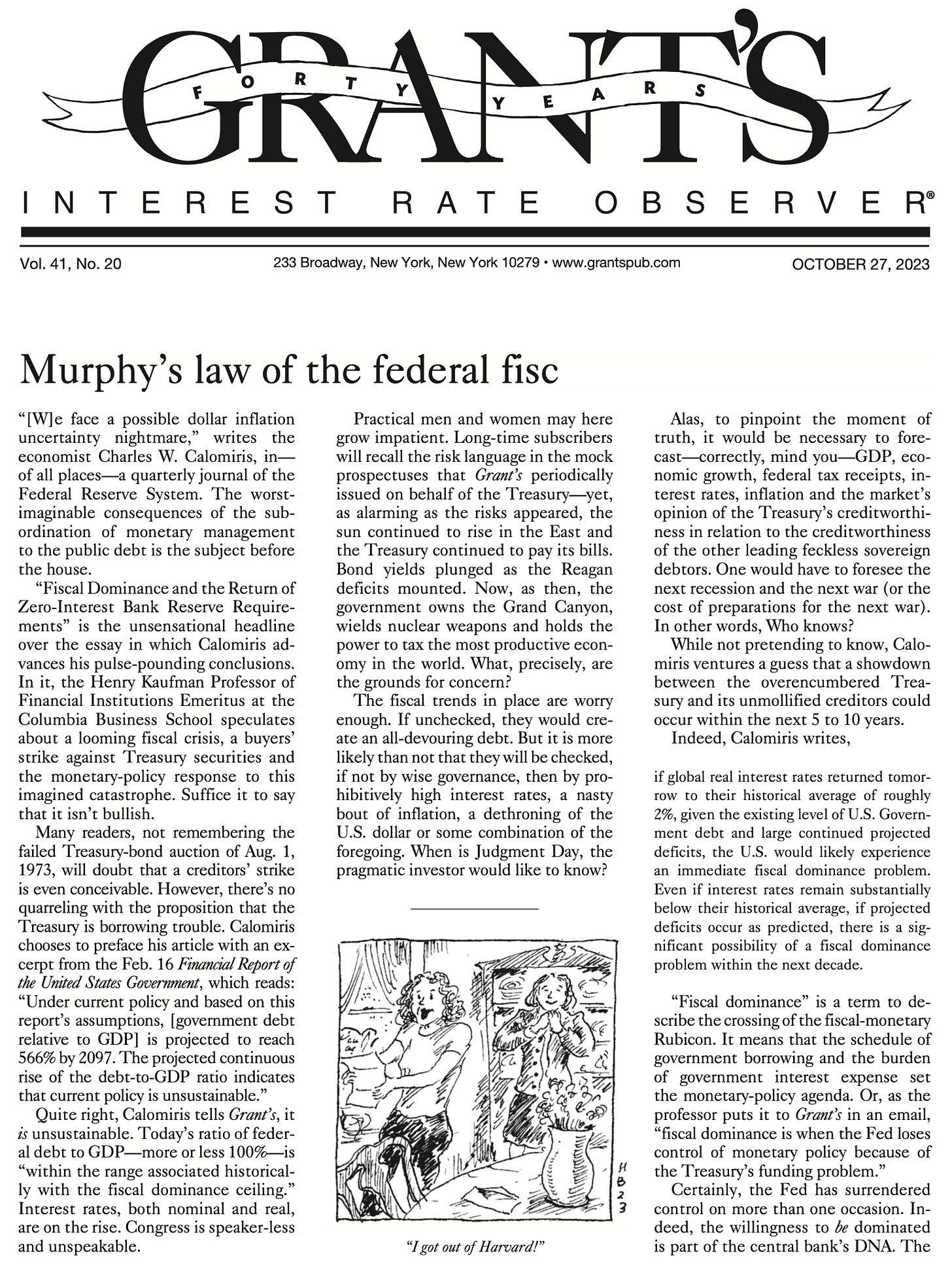 Cover of Grant’s Interest Rate Observer, October 27, 2023 issue