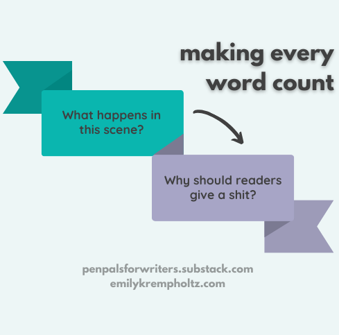Making every word count: 1. What happens in this scene? 2. Why should readers give a shit?