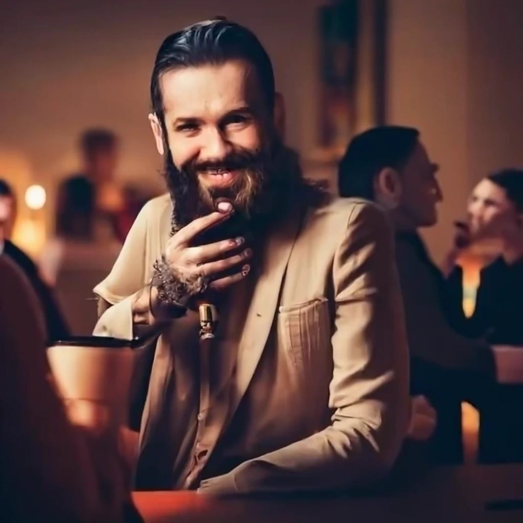 Man with dark hair and light beard smiling at cocktail hour conversing with three people in a museum