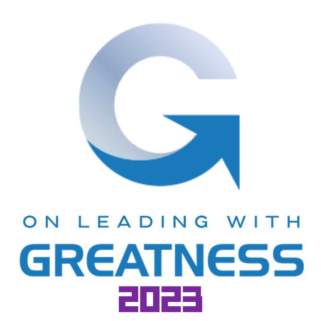 The On Leading with Greatness logo, which features a large G in gray and blue with an upward pointing arrow and the title, On Leading with Greatness. The year 2023 appears at the bottom in purple