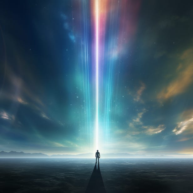 A solitary human stands on a ground plane with a spectrum of evolutionary possibility emerging from him into the sky.