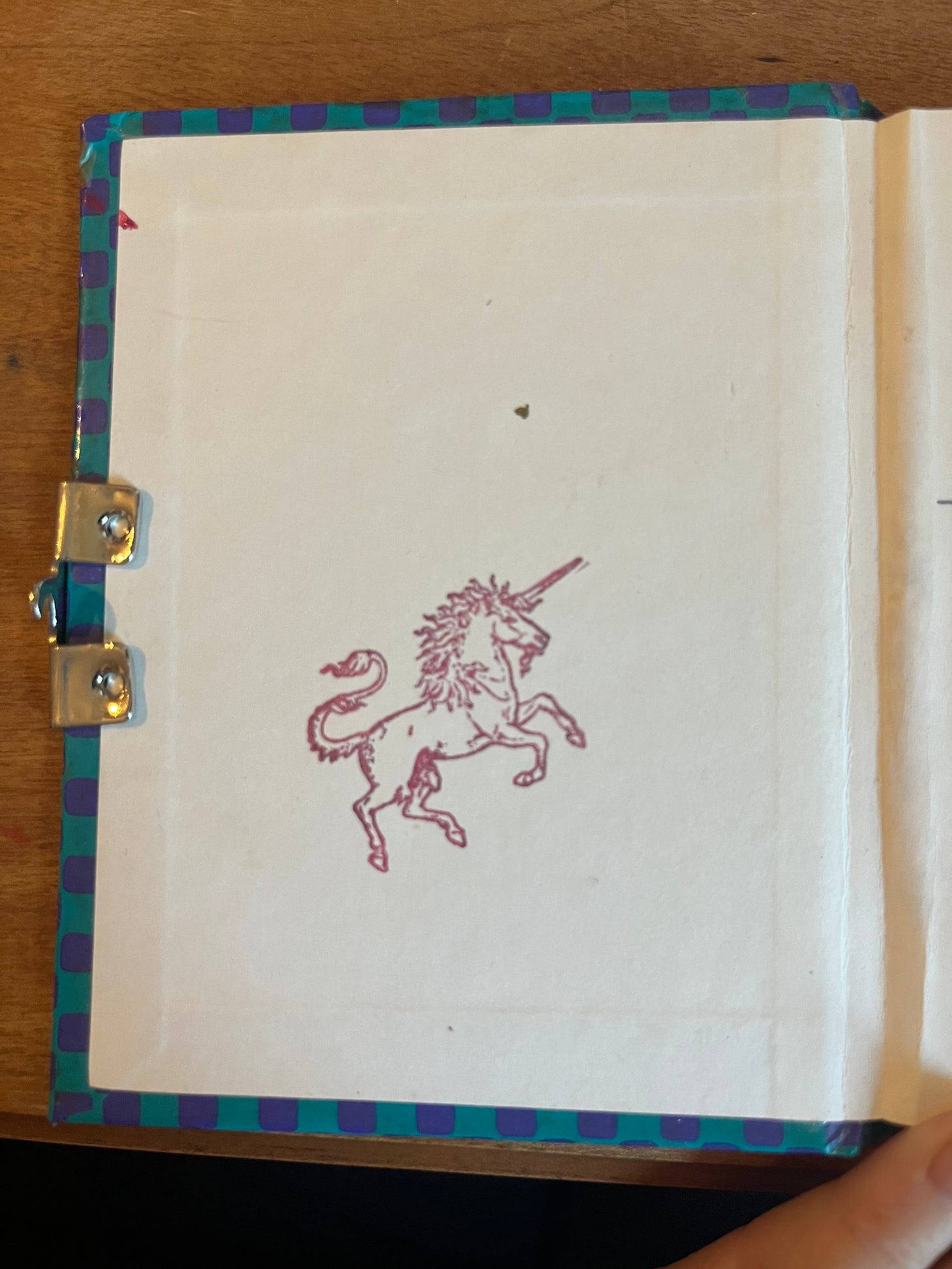 The interior front cover of the diary has a unicorn stamped on it in pink ink.
