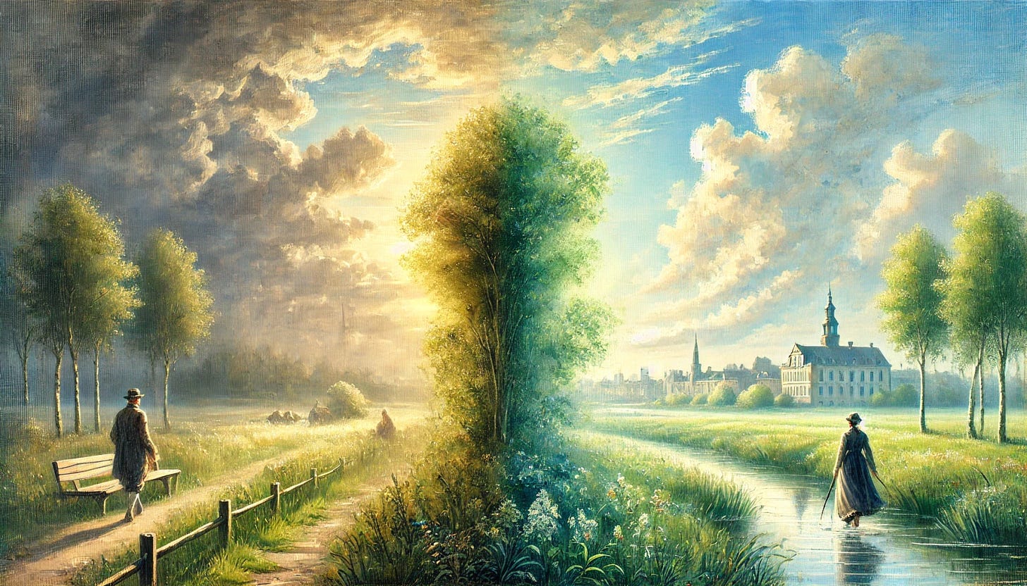 An impressionistic oil painting reminiscent of Fritz Syberg's style, featuring a natural scene that symbolizes emotional shifts. The landscape transitions between a peaceful meadow and a stormy sky, with the changing weather reflecting the ebb and flow of feelings. The tree in the scene is now a normal tree, standing in the meadow with soft, dappled light filtering through the branches. The scene includes old European elements from 1900s Copenhagen, such as a distant cityscape with traditional buildings and a river. The color palette is gentle and pastel-like, with soft greens, blues, and muted grays, capturing a peaceful atmosphere.