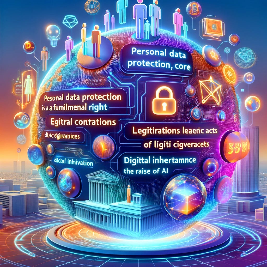 Create a colorful, 3D image that encapsulates the evolution of the Civil Code over 20 years, focusing on the integration of technology and law. Visualize a world where personal data protection is a fundamental right, highlighting the importance in the cyber age. Include the concept of electronic legal acts, symbolizing the digital sphere's influence on legal processes. Show the essence of electronic contracts, representing the formalization of digital signatures and smart contracts. Illustrate the discussion on civil liability in the context of AI's impact and development. Finally, incorporate the idea of digital inheritance, showing the transition of digital assets in the realms of family and succession law. This visualization should blend these legal advancements into a digital and futuristic environment, without including any words in the image.