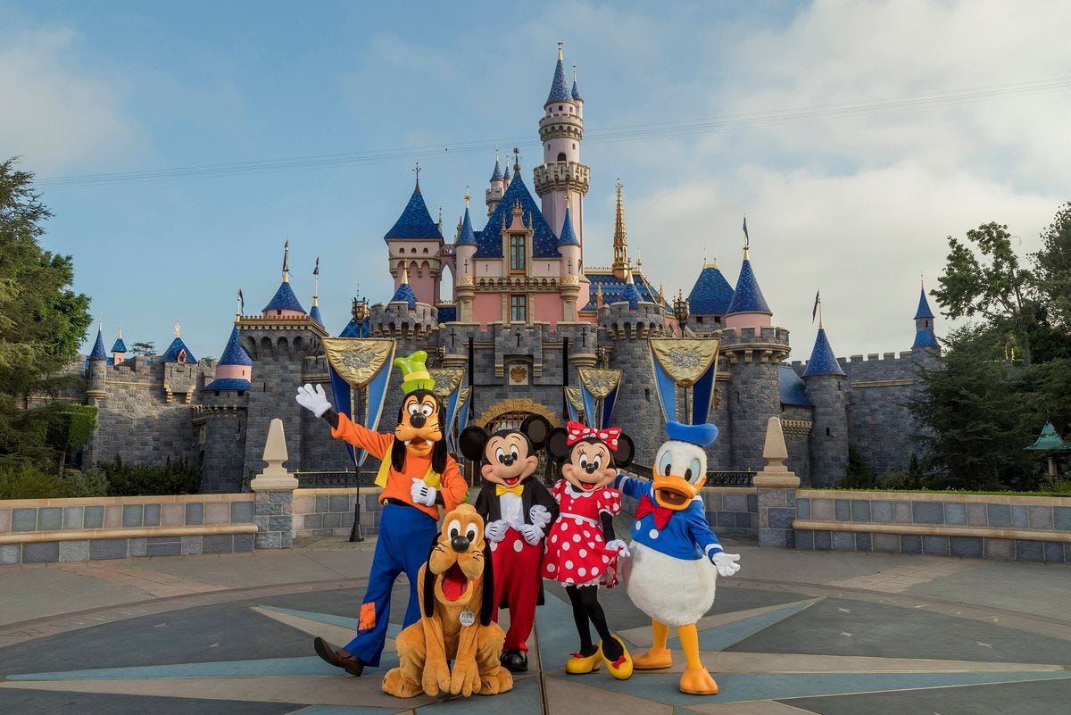 Goofy, Mickey, Minnie, Donald, and Pluto in front of the Disneyland Castle