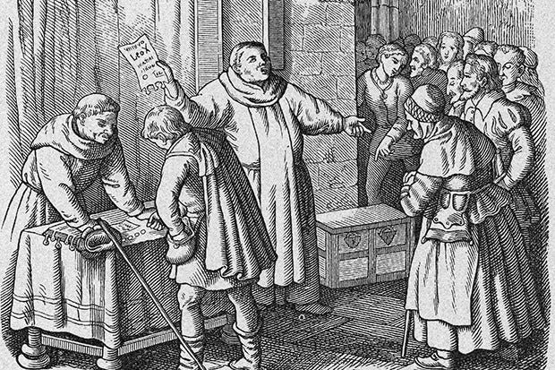 Illustration of German Dominican preacher Johann Tetzel selling indulgences inside a church