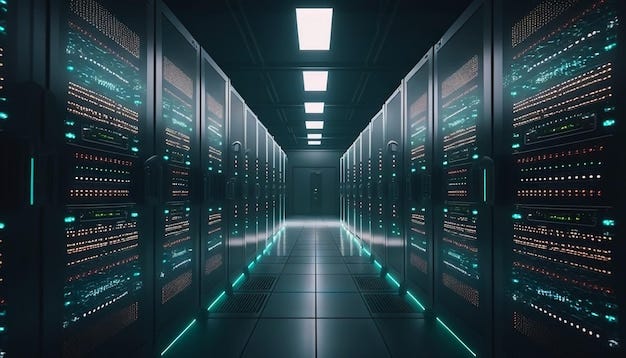 Premium AI Image | Data center with rows of servers Big data storage room  with many blinking lights Generative AI