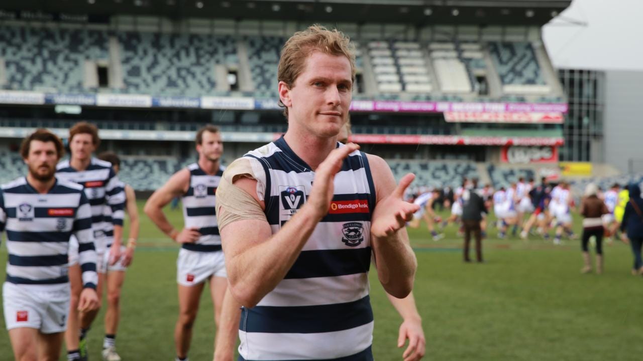 Troy Selwood leads the team off. VFL: Geelong v North Ballarat