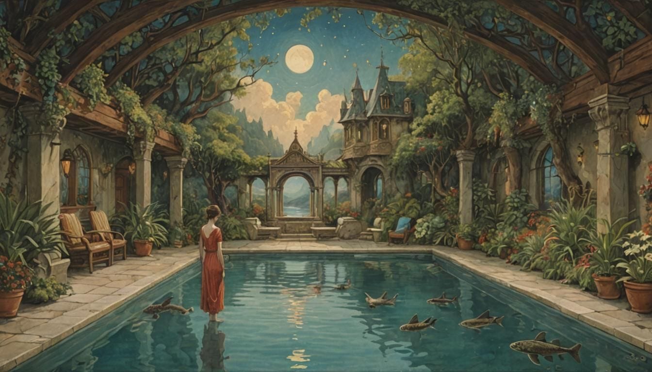 A woman stands on the surface of a pool with fish floating above the surface. The rectangular pool is in an open-air building with walls but a roof made of a great arbor made of the branches of trees. The far end of the building is open above a small sitting-area with forest, clouds, and moon reflected above the roofline of an adjoining chateau. AI art in a style approximating Edmund Dulac, but with more vivid color, and hyperdetailed dream-aesthetics.