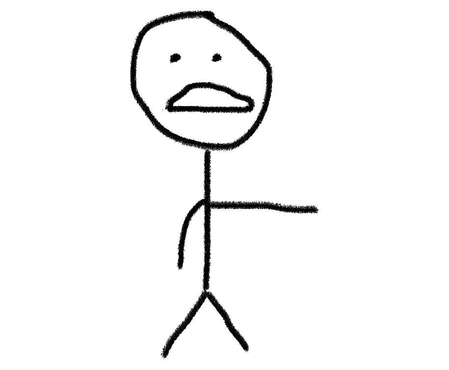 A grimacing stick figure with one arm outstretched.