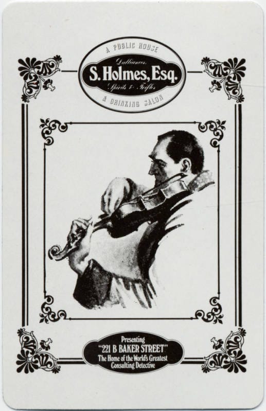 the back of a playing card featuring sherlock holmes playing the violin