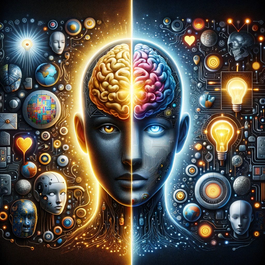 A conceptual image illustrating why Artificial General Intelligence (AGI) does not possess human consciousness. The scene is divided into two contrasting halves. On the left, a human brain is depicted, glowing with a warm, golden light, surrounded by symbols of human consciousness like a light bulb (representing ideas), a heart (emotions), and abstract shapes (creativity). This side is colorful, vibrant, and full of life, symbolizing the depth and complexity of human consciousness. On the right side, an AGI represented by a robotic head with a neutral, emotionless face. The head is connected to a network of circuits and digital lines, glowing with a cold, blue light. This side is monochromatic and mechanical, emphasizing the artificial and programmed nature of AGI, lacking the warmth and depth of human consciousness. The stark contrast between the two halves highlights the fundamental difference between human consciousness and artificial intelligence.